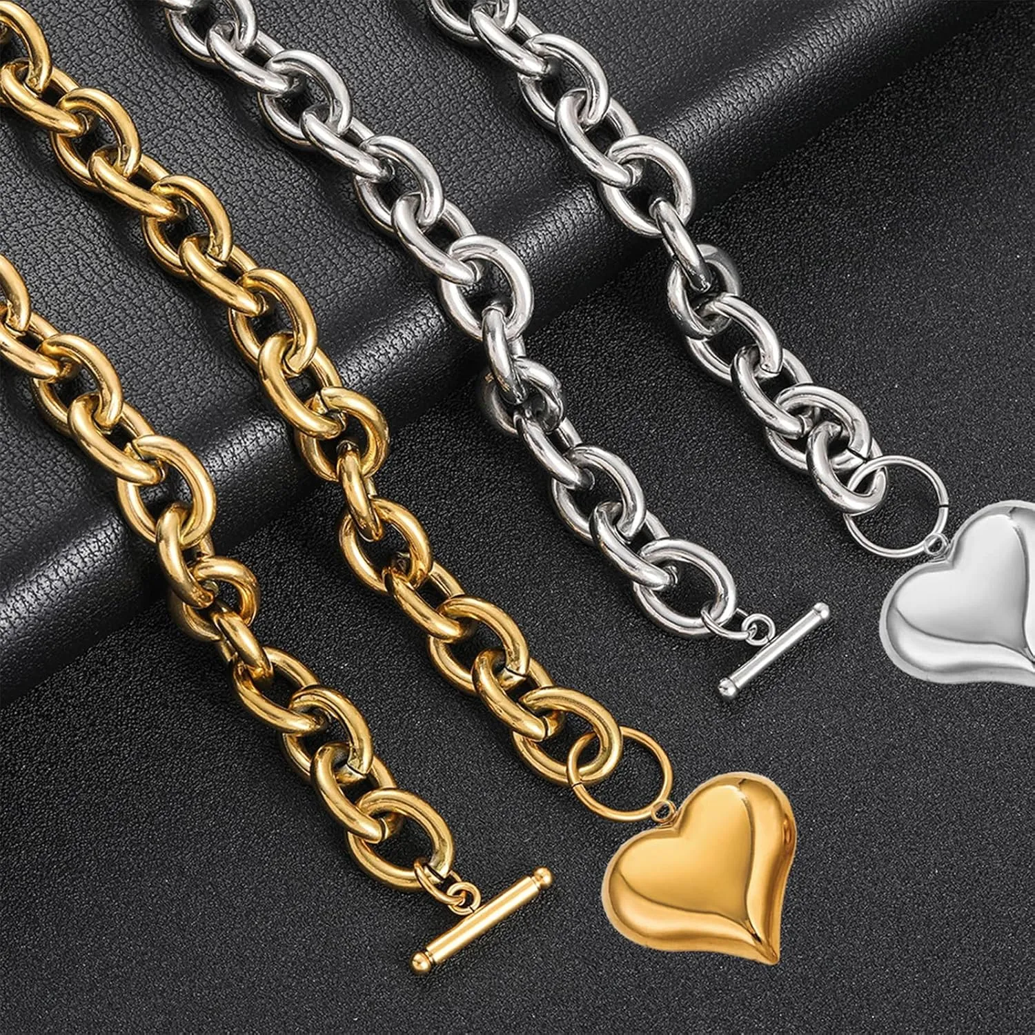 Gold Puffy Heart Necklace 16in/18in Chunky Heart Necklaces for Women Trendy 14K Golden Toggle Necklaces