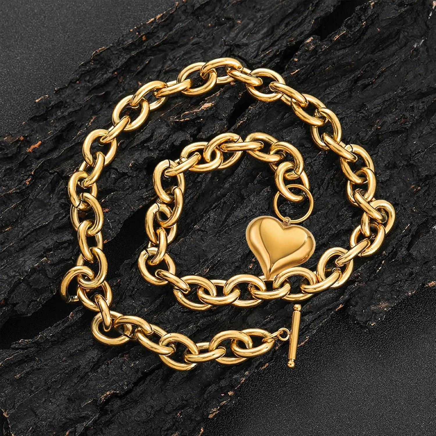 Gold Puffy Heart Necklace 16in/18in Chunky Heart Necklaces for Women Trendy 14K Golden Toggle Necklaces