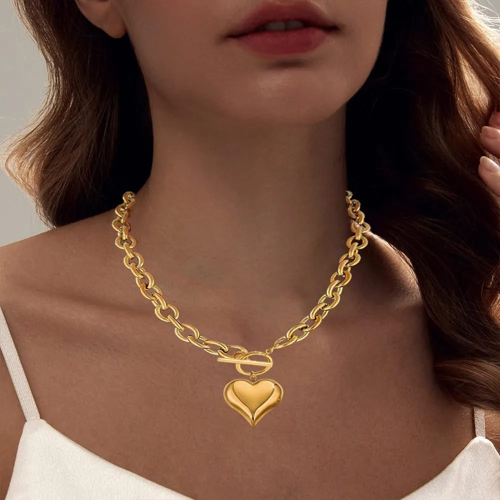 Gold Puffy Heart Necklace 16in/18in Chunky Heart Necklaces for Women Trendy 14K Golden Toggle Necklaces