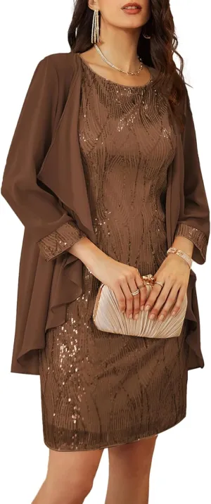 GRACE KARIN Sequin Dress for Women Knee Length Mother of the Bride Dresses Formal Dress Two Piece Dress with Chiffon Jacket