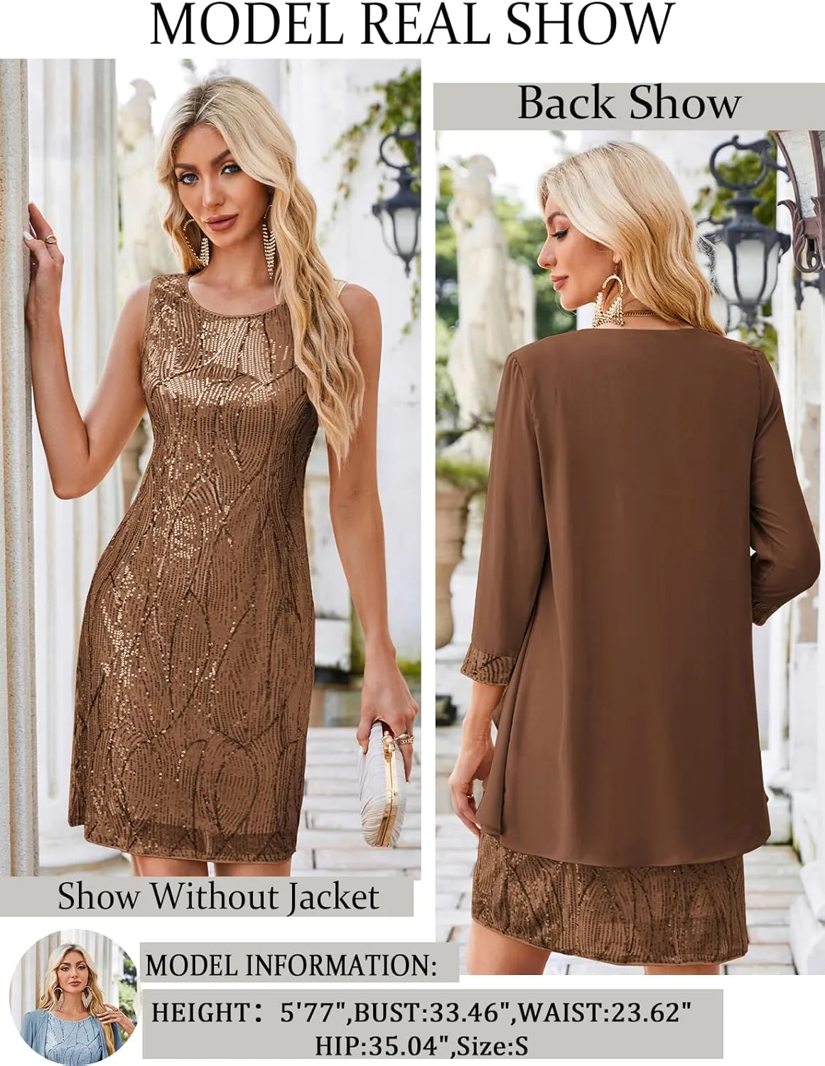GRACE KARIN Sequin Dress for Women Knee Length Mother of the Bride Dresses Formal Dress Two Piece Dress with Chiffon Jacket