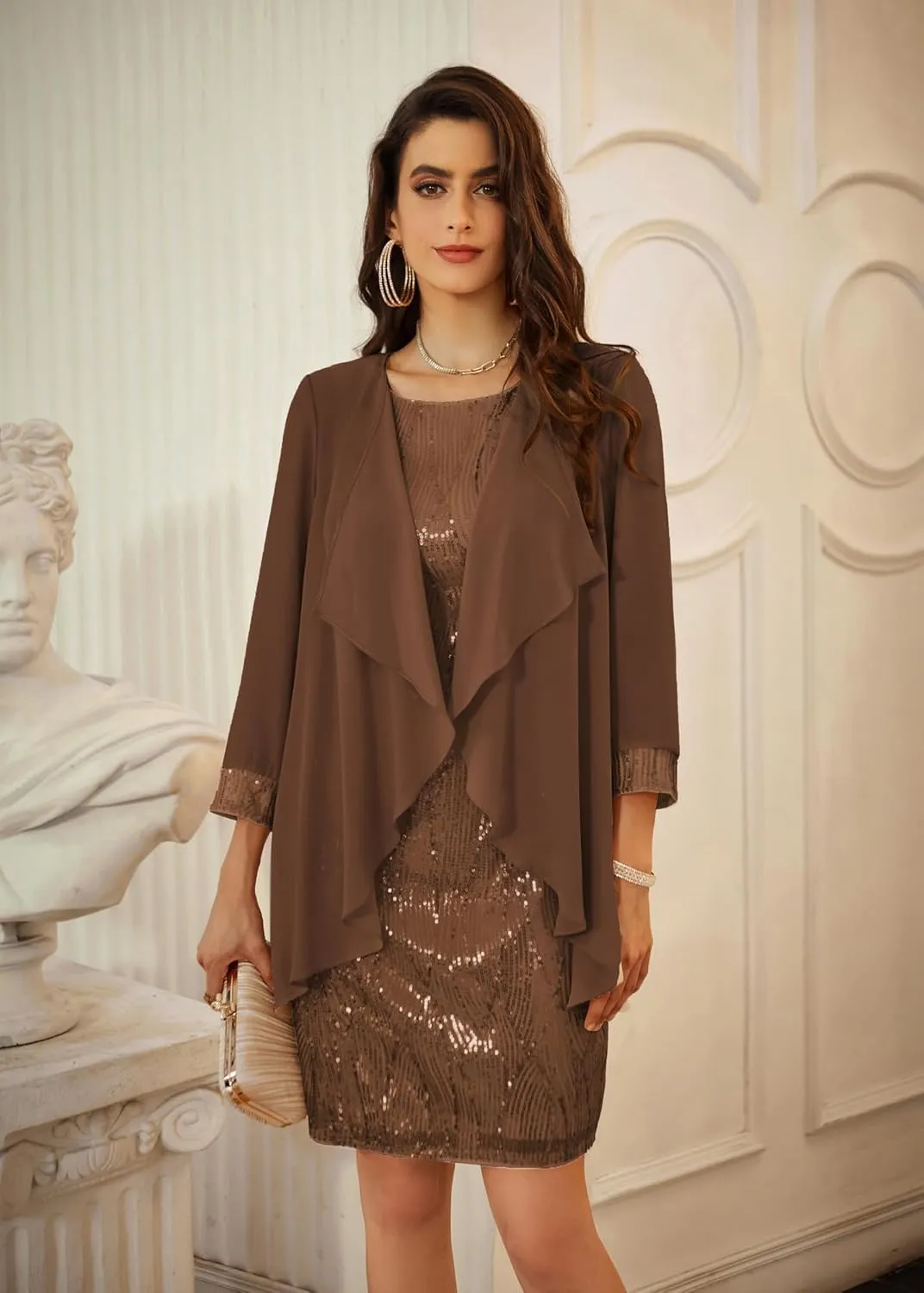 GRACE KARIN Sequin Dress for Women Knee Length Mother of the Bride Dresses Formal Dress Two Piece Dress with Chiffon Jacket