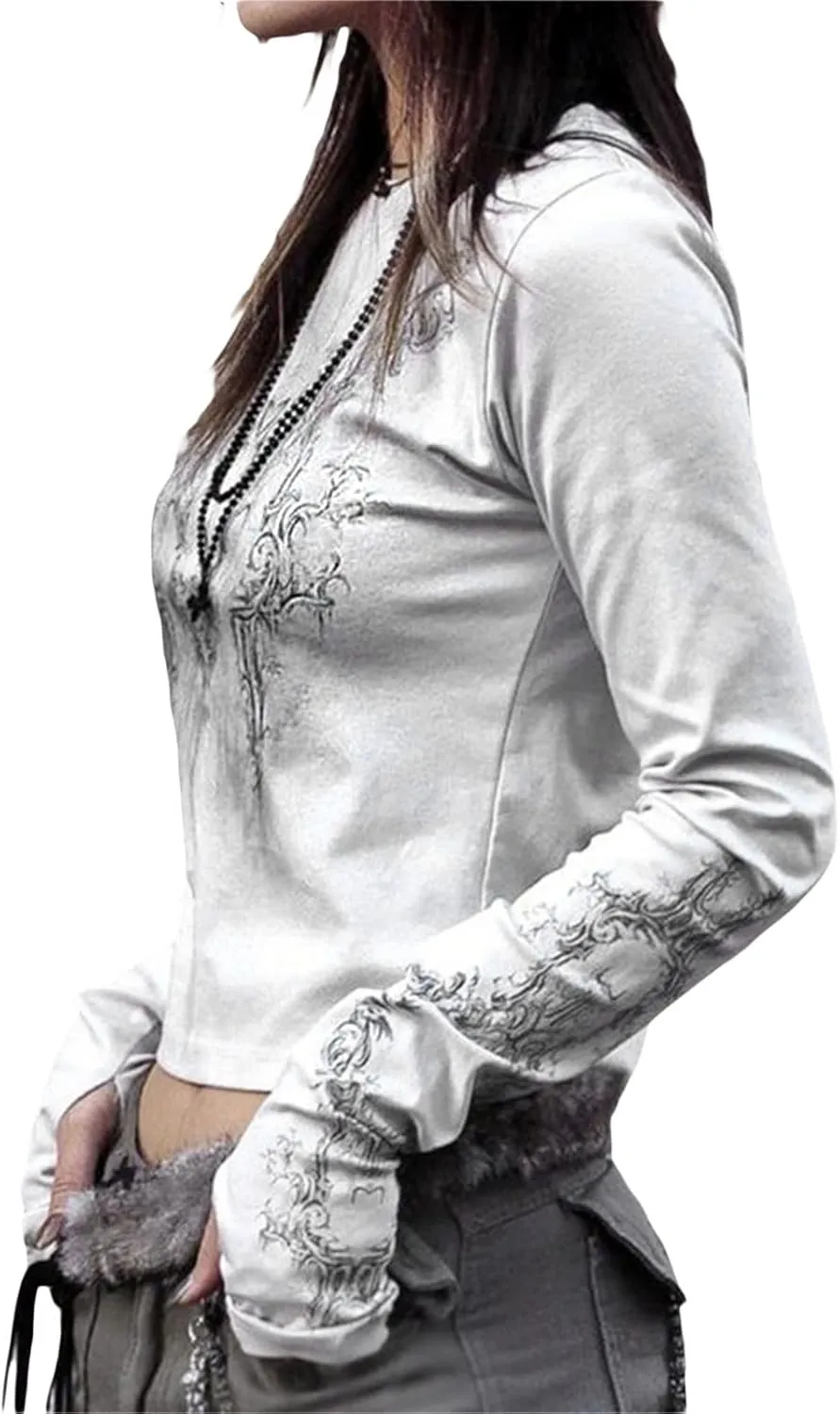 Graphic Tees for Women Teen Girls Aesthetic Grunge Gothic Clothes Y2k Shirt Knit Basic Long Sleeve Top Fall