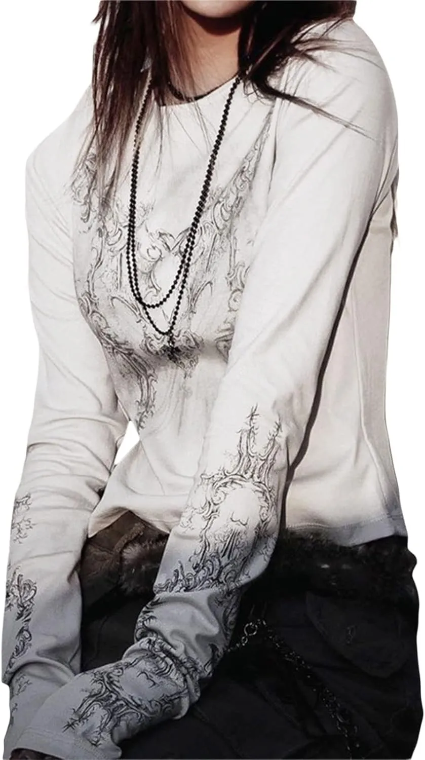 Graphic Tees for Women Teen Girls Aesthetic Grunge Gothic Clothes Y2k Shirt Knit Basic Long Sleeve Top Fall