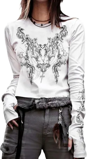 Graphic Tees for Women Teen Girls Aesthetic Grunge Gothic Clothes Y2k Shirt Knit Basic Long Sleeve Top Fall