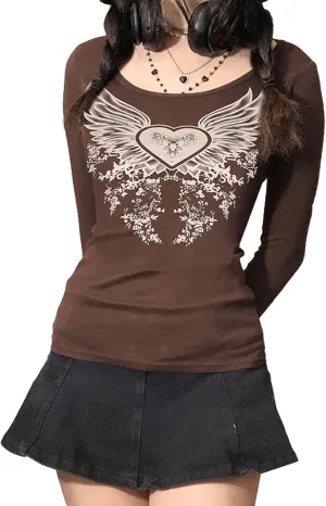 Graphic Tees for Women Teen Girls Aesthetic Grunge Gothic Clothes Y2k Shirt Knit Basic Long Sleeve Top Fall