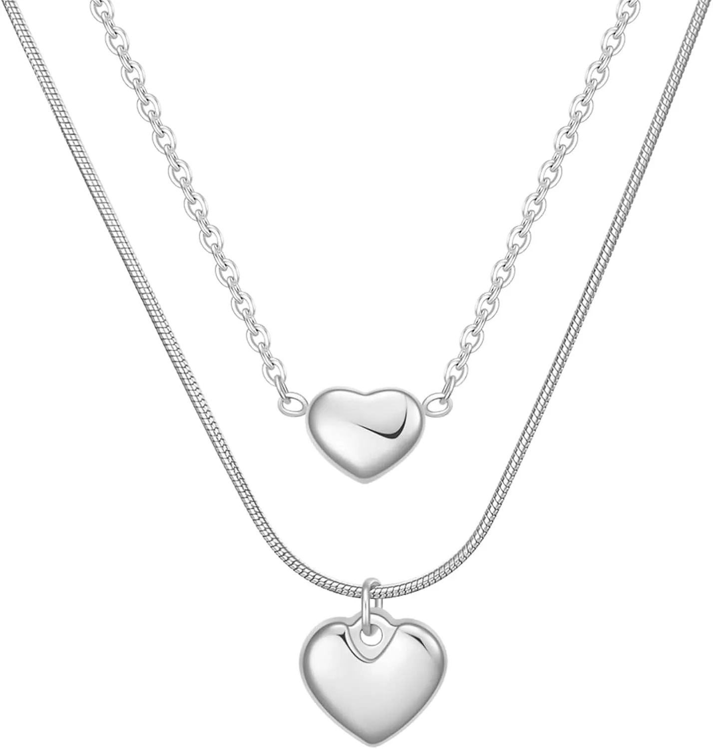Gualiy Womens Necklace Stainless Steel, Silver/Gold Women Necklaces Double Layered Heart Shape Pendant Necklaces 45CM