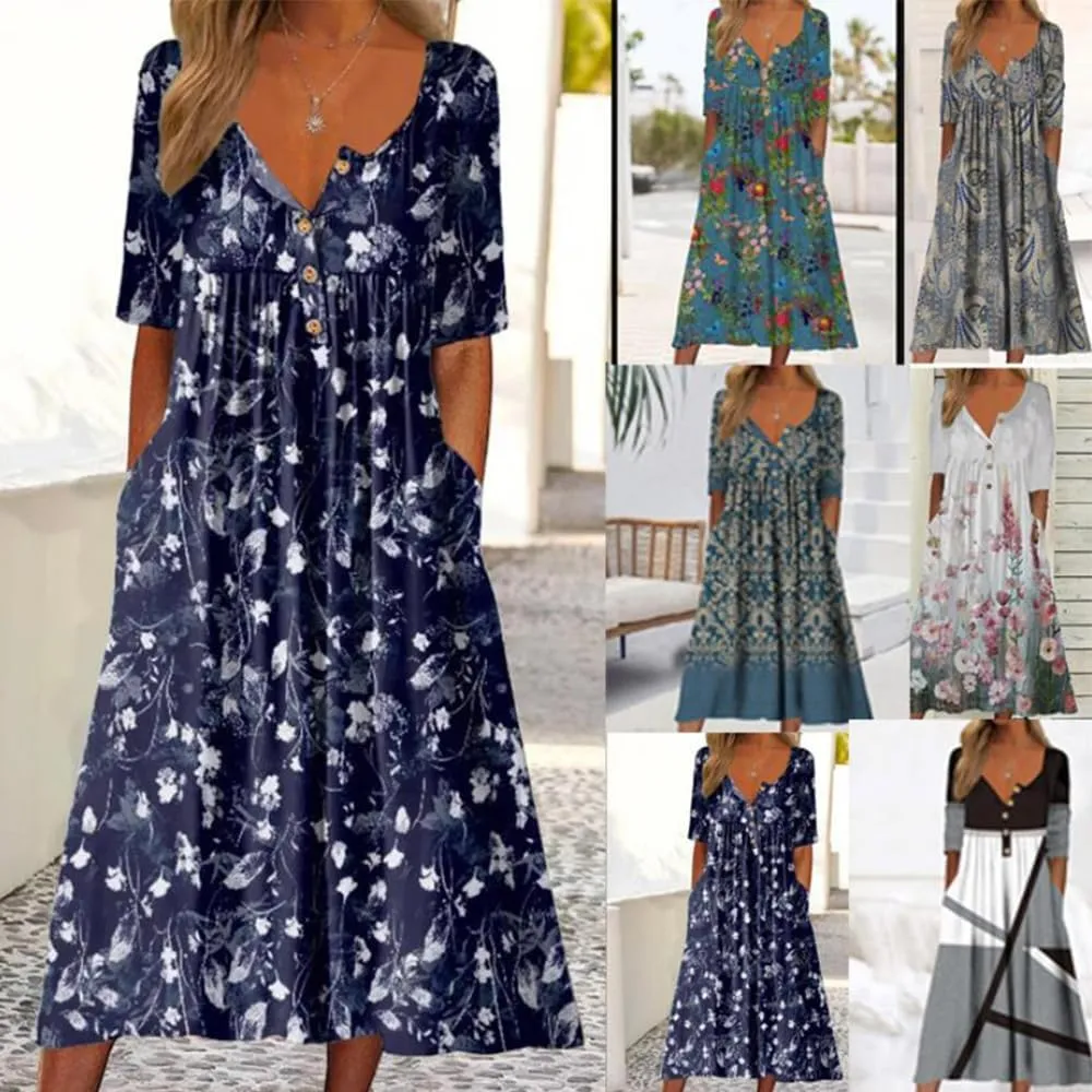 Guteidee Women's Boho Floral Long Sleeve Midi Dress Casual Loose Flowy Vacation Dresses with Pockets