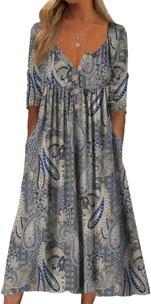 Guteidee Women's Boho Floral Long Sleeve Midi Dress Casual Loose Flowy Vacation Dresses with Pockets