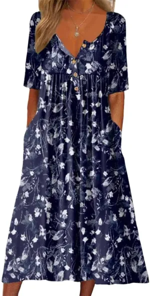 Guteidee Women's Boho Floral Long Sleeve Midi Dress Casual Loose Flowy Vacation Dresses with Pockets