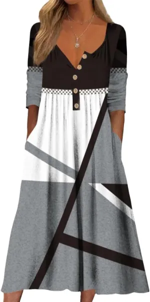 Guteidee Women's Boho Floral Long Sleeve Midi Dress Casual Loose Flowy Vacation Dresses with Pockets