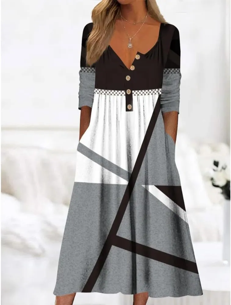 Guteidee Women's Boho Floral Long Sleeve Midi Dress Casual Loose Flowy Vacation Dresses with Pockets