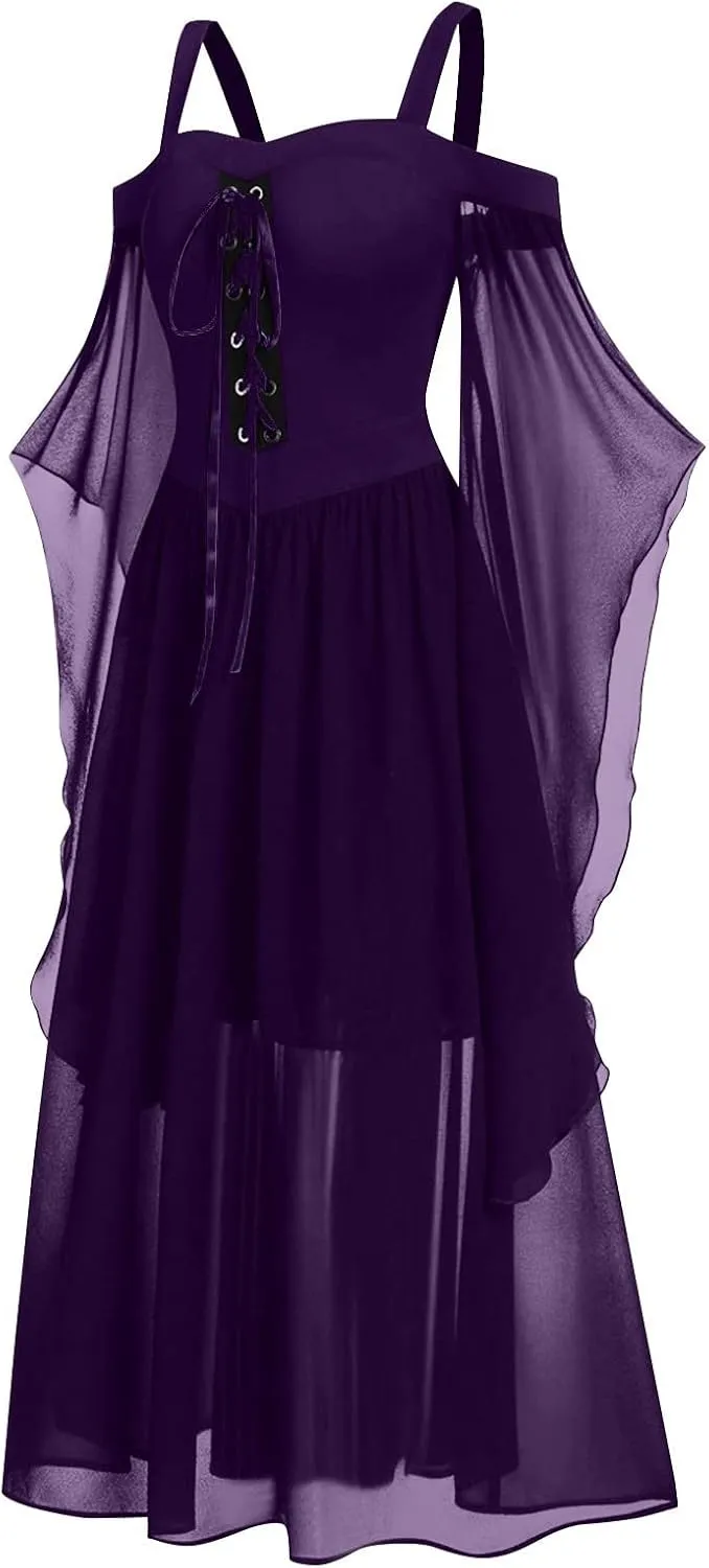 Halloween Costume Dresses for Women Plus Size Cold Shoulder Butterfly Sleeve Gothic Party Dress 2024