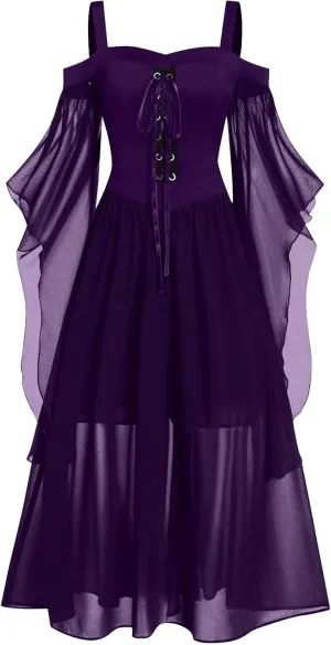Halloween Costume Dresses for Women Plus Size Cold Shoulder Butterfly Sleeve Gothic Party Dress 2024