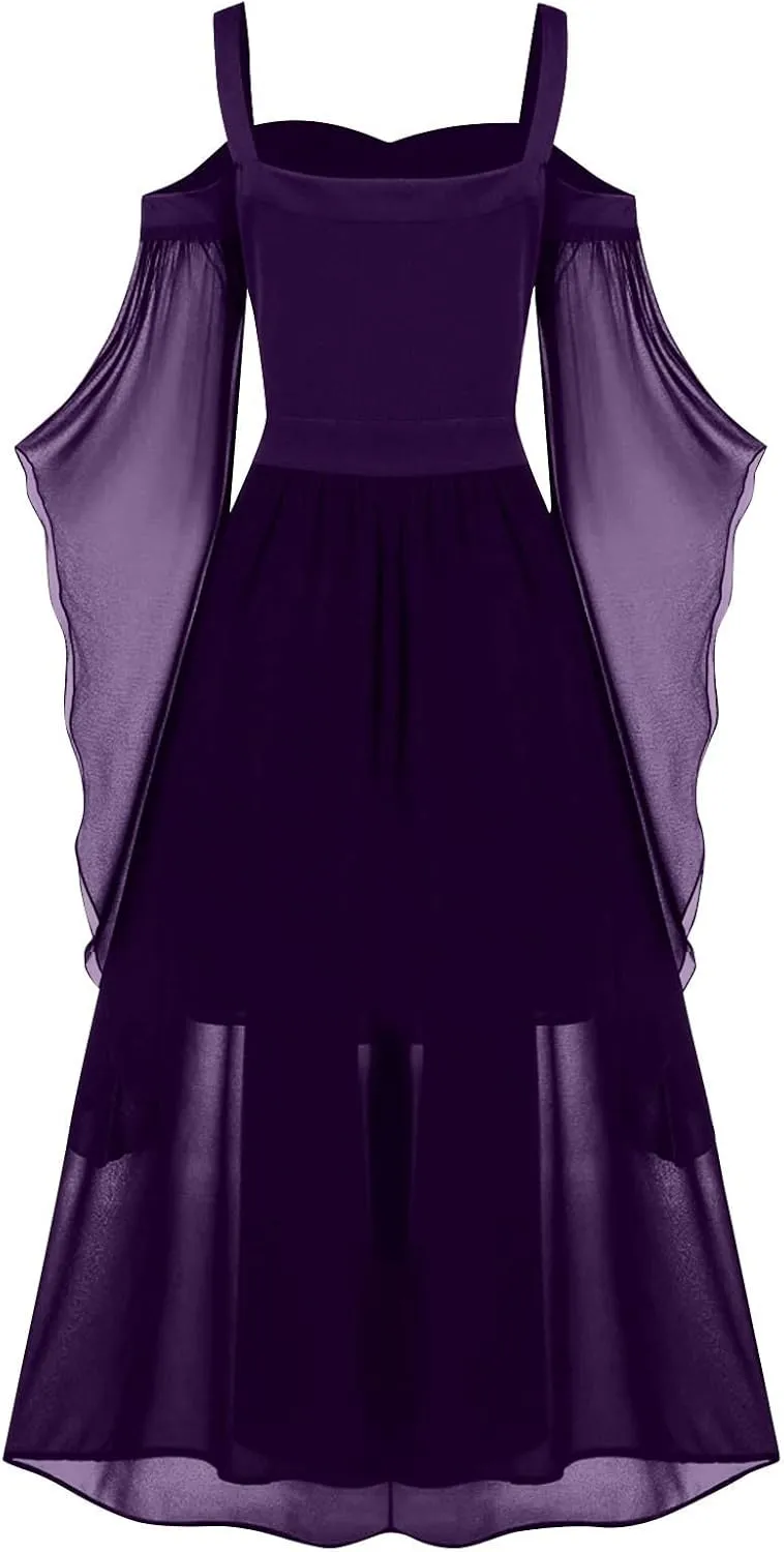 Halloween Costume Dresses for Women Plus Size Cold Shoulder Butterfly Sleeve Gothic Party Dress 2024