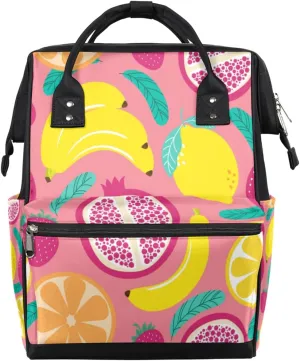 Hand Drawn Cute Fruit Pink Background Diaper Bag Tote Large Capacity Waterproof with Adjustable Shoulder Strap and Pram Straps Mommy Bag for Hospital Beach Weekender Travel