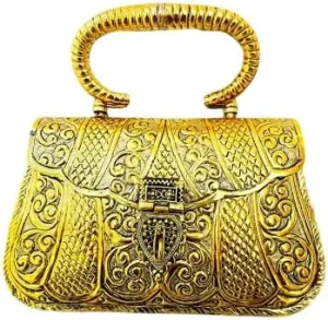 Handcrafted Indian Brass Clutch Purse  Gold Metal Wedding & Party Handbag for Women | Rajasthani Art Design, Antique Handmade Evening Purse