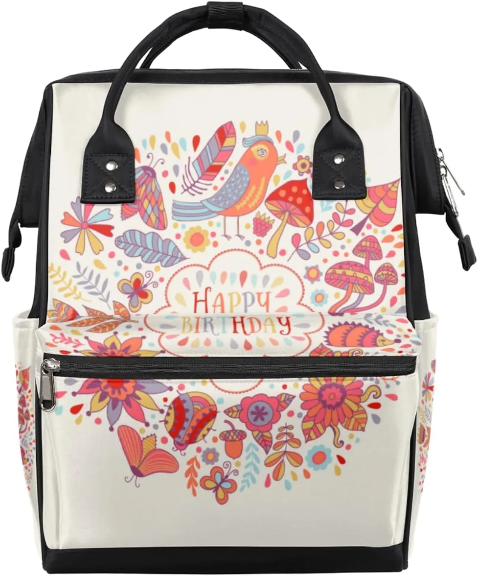 Happy Birthday Theme Pattern Diaper Bag Tote Large Capacity Waterproof with Adjustable Shoulder Strap and Pram Straps Mommy Bag for Hospital Beach Weekender Travel