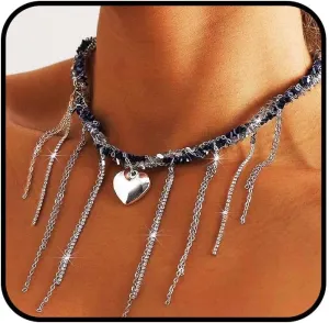 Heart Chunky Choker Necklace for Women Y2K Layered Rhinestone Necklaces Goth Irregular Tassel Necklaces Jewelry Gift