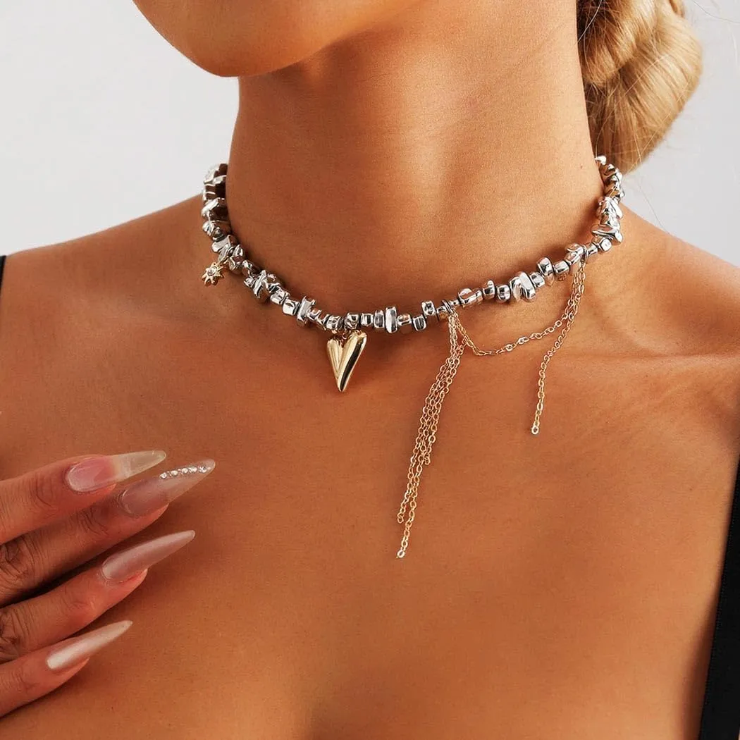 Heart Chunky Choker Necklace for Women Y2K Layered Rhinestone Necklaces Goth Irregular Tassel Necklaces Jewelry Gift