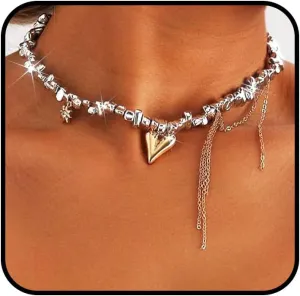 Heart Chunky Choker Necklace for Women Y2K Layered Rhinestone Necklaces Goth Irregular Tassel Necklaces Jewelry Gift