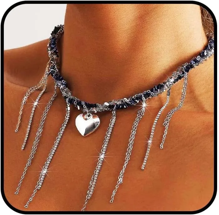 Heart Chunky Choker Necklace for Women Y2K Layered Rhinestone Necklaces Goth Irregular Tassel Necklaces Jewelry Gift