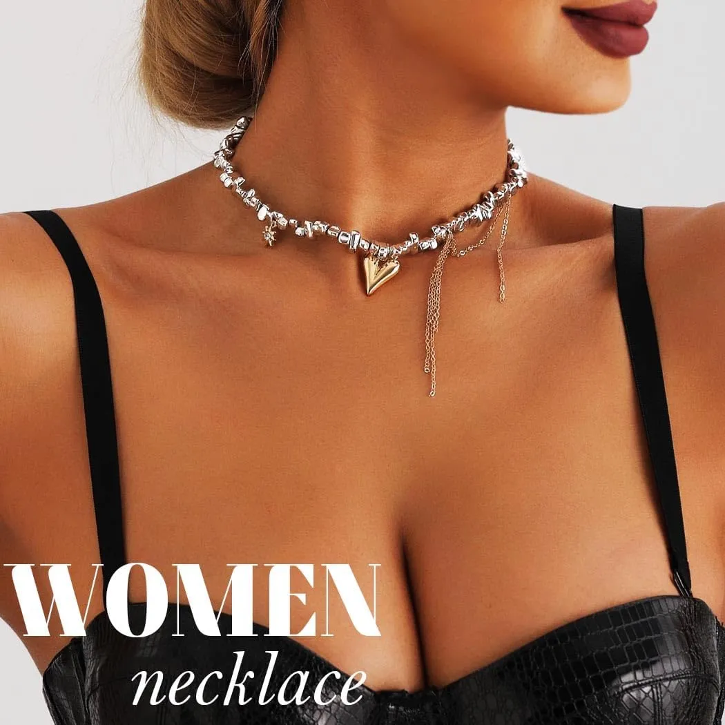 Heart Chunky Choker Necklace for Women Y2K Layered Rhinestone Necklaces Goth Irregular Tassel Necklaces Jewelry Gift