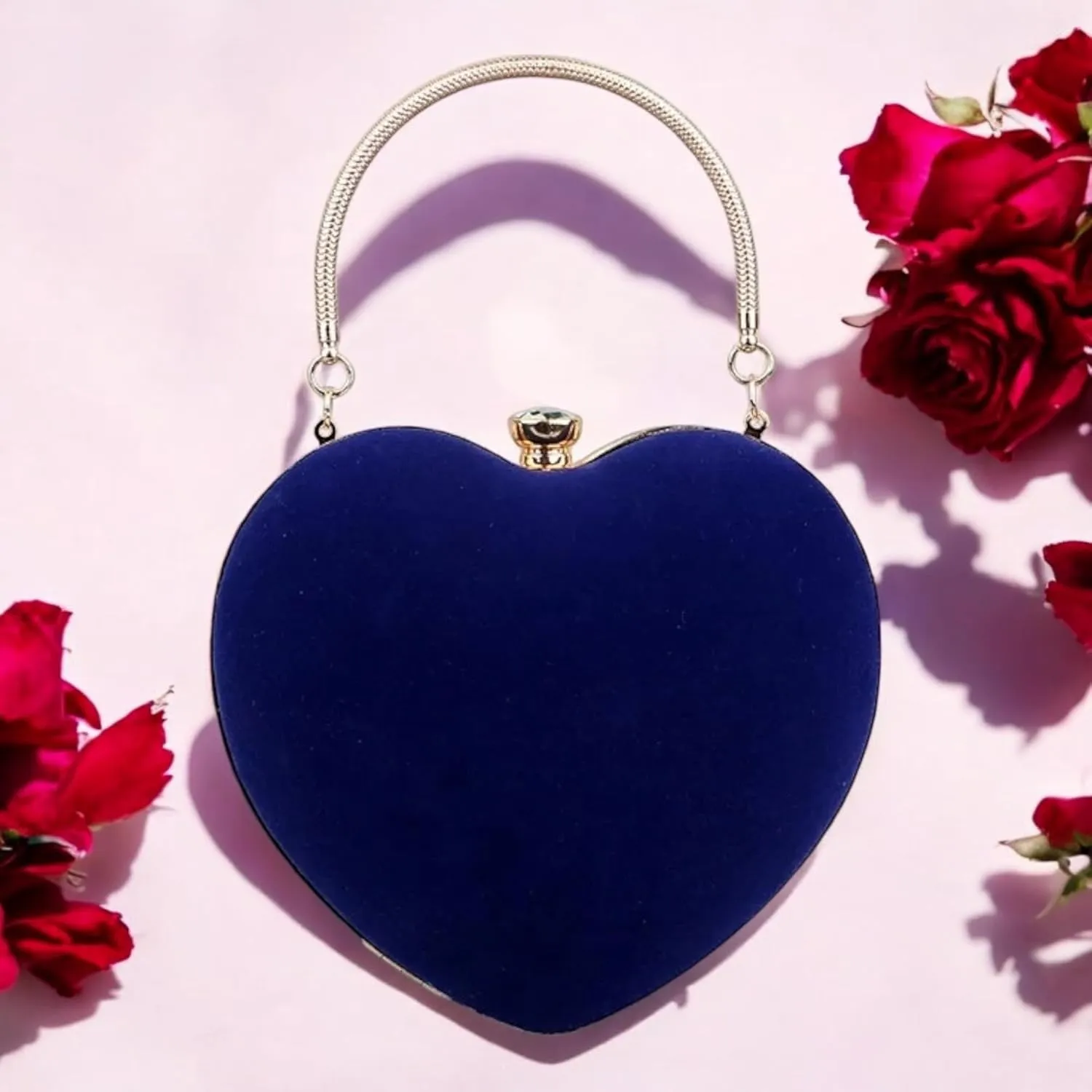Heart-Shaped Evening Handbag, Metal Handle Clutch Purse, Available in Black, Red, Pink, Navy, Coral