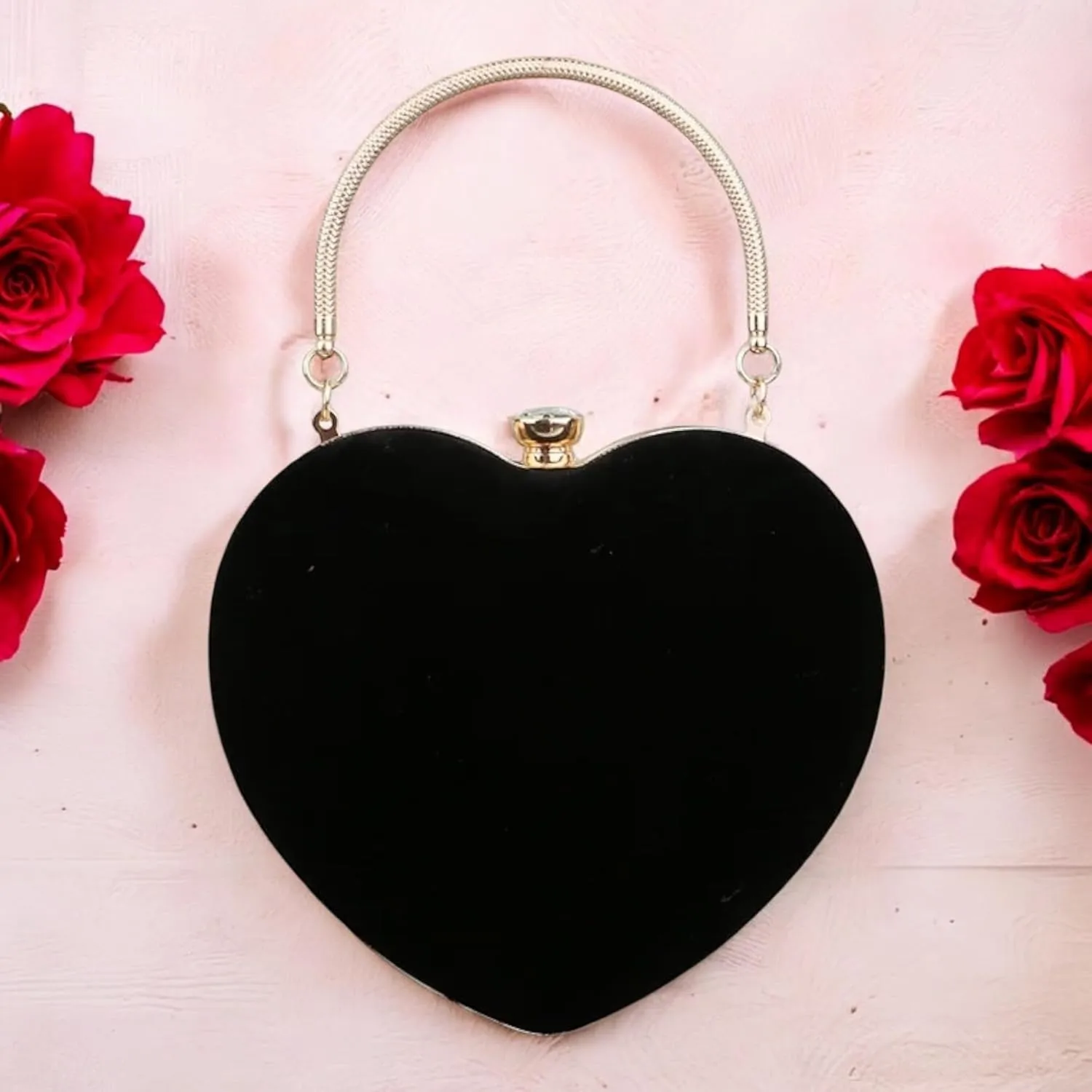 Heart-Shaped Evening Handbag, Metal Handle Clutch Purse, Available in Black, Red, Pink, Navy, Coral
