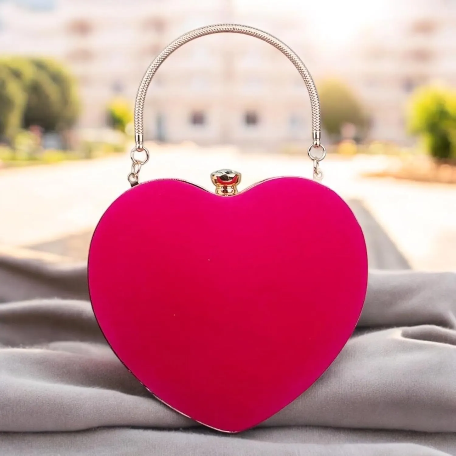 Heart-Shaped Evening Handbag, Metal Handle Clutch Purse, Available in Black, Red, Pink, Navy, Coral