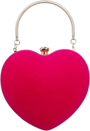 Heart-Shaped Evening Handbag, Metal Handle Clutch Purse, Available in Black, Red, Pink, Navy, Coral