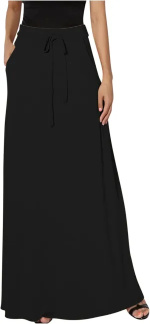 High Waisted Maxi Skirts for Women Lace Up Long Skirt Plus Size Summer Skirts Ankle Length Straight Skirt with Pocket