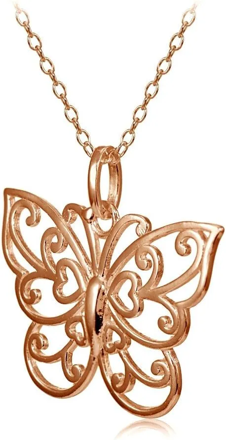 Hoops & Loops 925 Sterling Filigree Butterfly Necklace for Women, Silver, Black, Yellow Gold, Rose Gold Flashed Sterling Silver