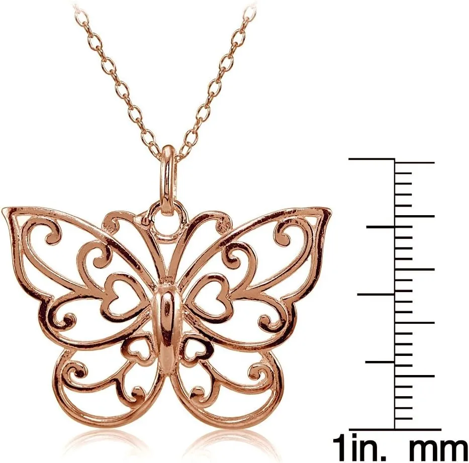 Hoops & Loops 925 Sterling Filigree Butterfly Necklace for Women, Silver, Black, Yellow Gold, Rose Gold Flashed Sterling Silver