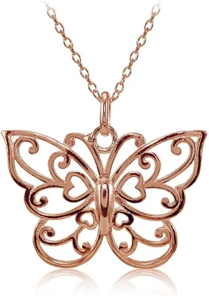 Hoops & Loops 925 Sterling Filigree Butterfly Necklace for Women, Silver, Black, Yellow Gold, Rose Gold Flashed Sterling Silver