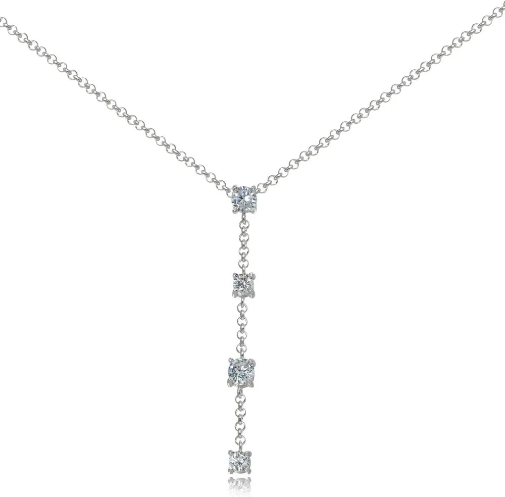 Hoops & Loops 925 Sterling Silver Cubic Zirconia Round Long Dainty Drop Chain Y-Necklace for Women, 16 Inch   Ext