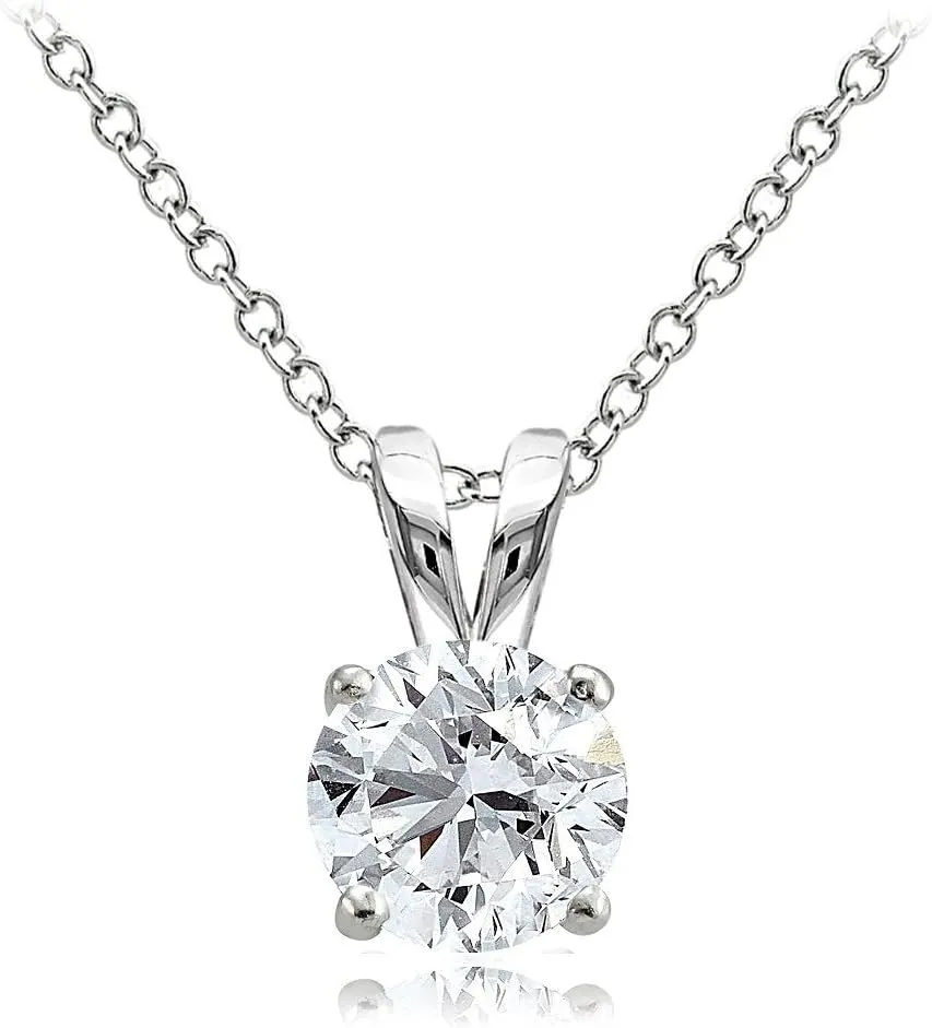 Hoops & Loops 925 Sterling Silver Cubic Zirconia Round Solitaire Necklace for Women, Silver, Yellow Gold, Rose Gold