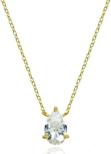 Hoops & Loops 925 Sterling Silver Cubic Zirconia Teardrop Solitaire Necklace for Women, Silver, Yellow Gold, Rose Gold