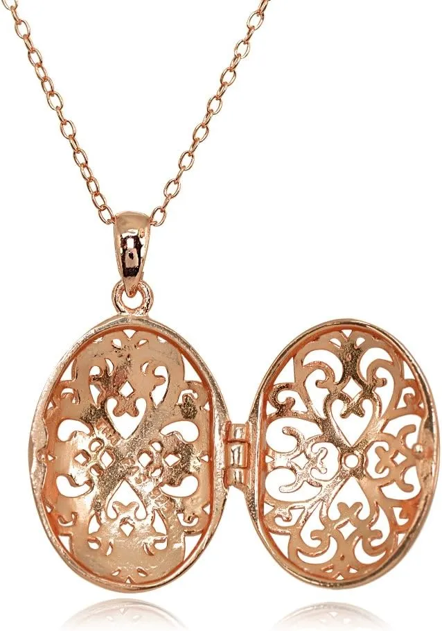 Hoops & Loops 925 Sterling Silver Diamond-Cut Oval Filigree Picture Locket Necklace for Women, Silver, Black, Yellow Gold & Rose Gold