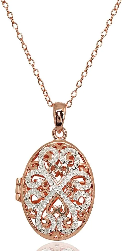 Hoops & Loops 925 Sterling Silver Diamond-Cut Oval Filigree Picture Locket Necklace for Women, Silver, Black, Yellow Gold & Rose Gold