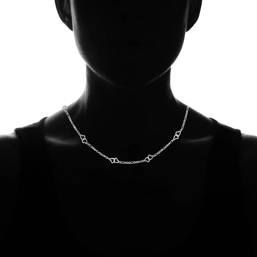 Hoops & Loops 925 Sterling Silver Double Hearts Figaro Link Chain Necklace for Women, 16 18 24 30-Inch, Silver, Yellow, Rose Gold