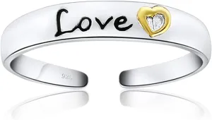 Hoops & Loops 925 Sterling Silver LOVE PEACE FAITH LUCK Inspirational Two-Tone Open Toe Ring for Women Men