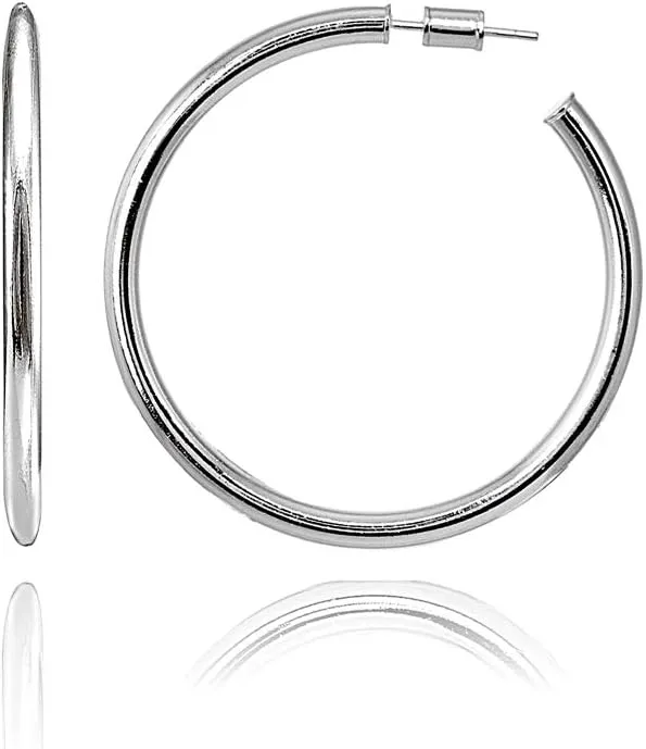 Hoops & Loops 925 Sterling Silver Open 3mm Thin High Polished Hypoallergenic Round C-Hoop Earrings,15mm-50mm