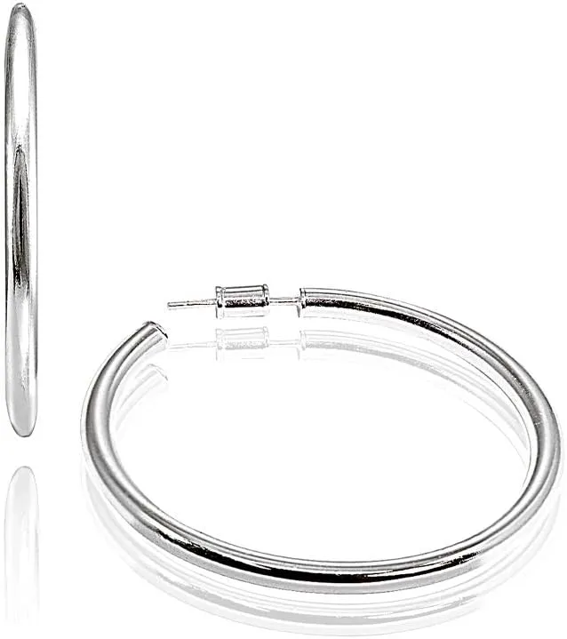 Hoops & Loops 925 Sterling Silver Open 3mm Thin High Polished Hypoallergenic Round C-Hoop Earrings,15mm-50mm