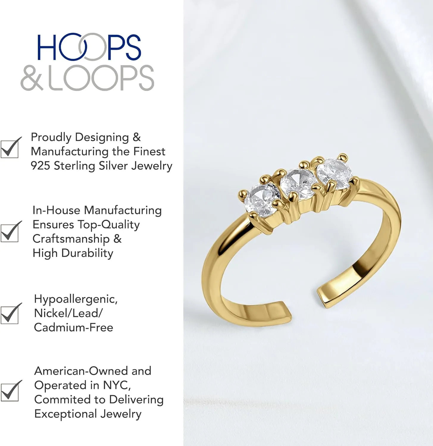 Hoops & Loops 925 Sterling Silver Three Stone A     Cubic Zirconia Tarnish-Resistant Hypoallergenic Adjustable Open Toe Band Stackable Midi Ring for Women | Dainty Beach Foot Jewelry