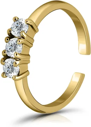 Hoops & Loops 925 Sterling Silver Three Stone A     Cubic Zirconia Tarnish-Resistant Hypoallergenic Adjustable Open Toe Band Stackable Midi Ring for Women | Dainty Beach Foot Jewelry