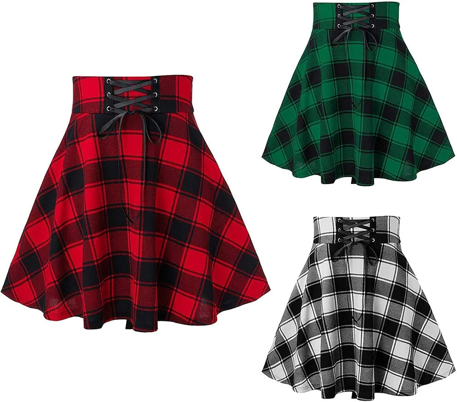Irish Tartan Skirts for Women Gothic High Waisted Cross Tied Plaid A Line Pleated Mini Short Skirt