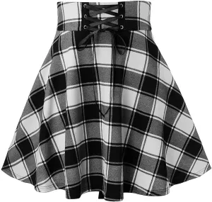 Irish Tartan Skirts for Women Gothic High Waisted Cross Tied Plaid A Line Pleated Mini Short Skirt