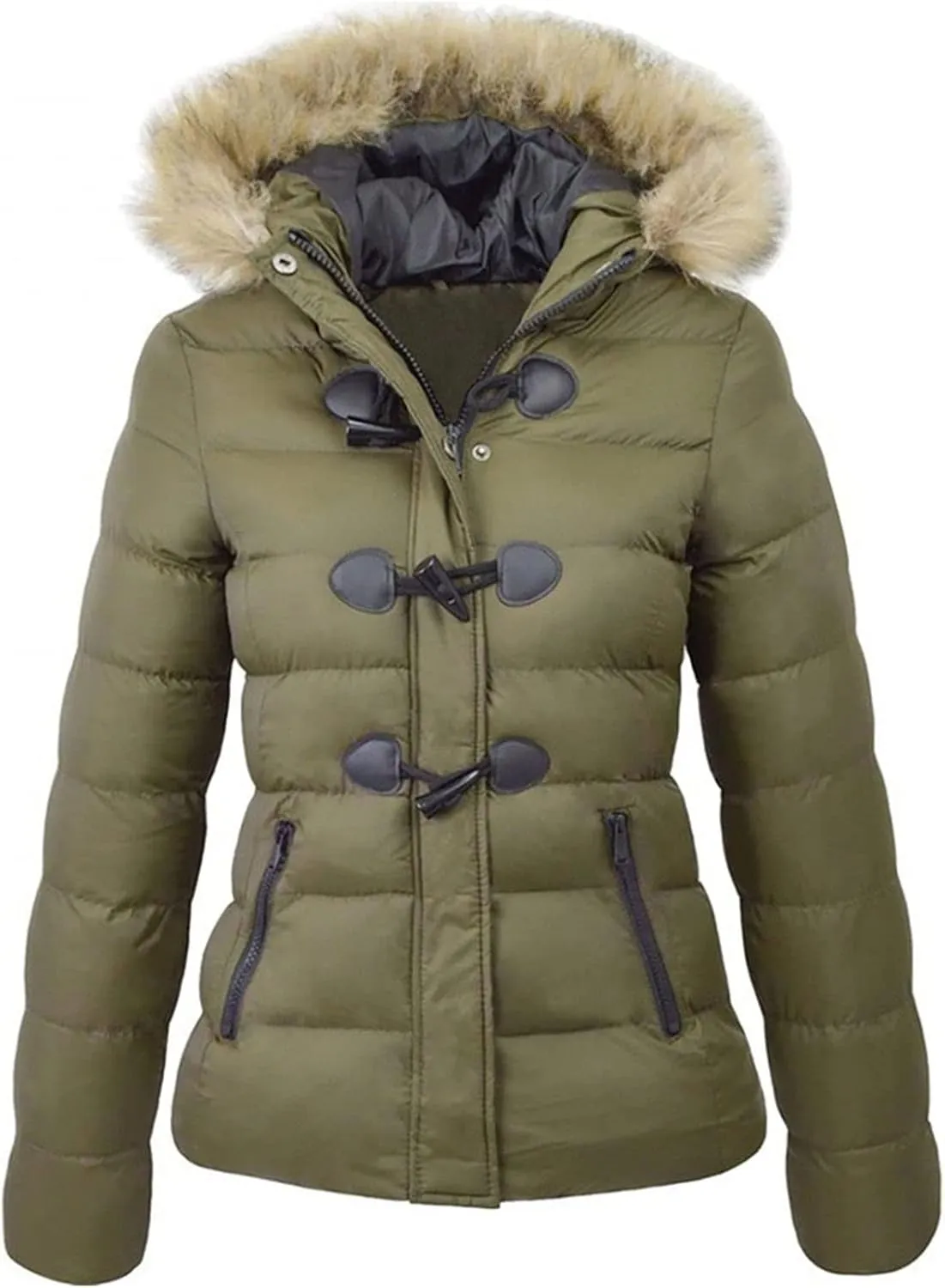 JEsilunmaMY Womens Winter Horn Button Parka Coat Slim Warm Thicken Puffer Jacket with Fur Hood Windproof Short Down Jacket