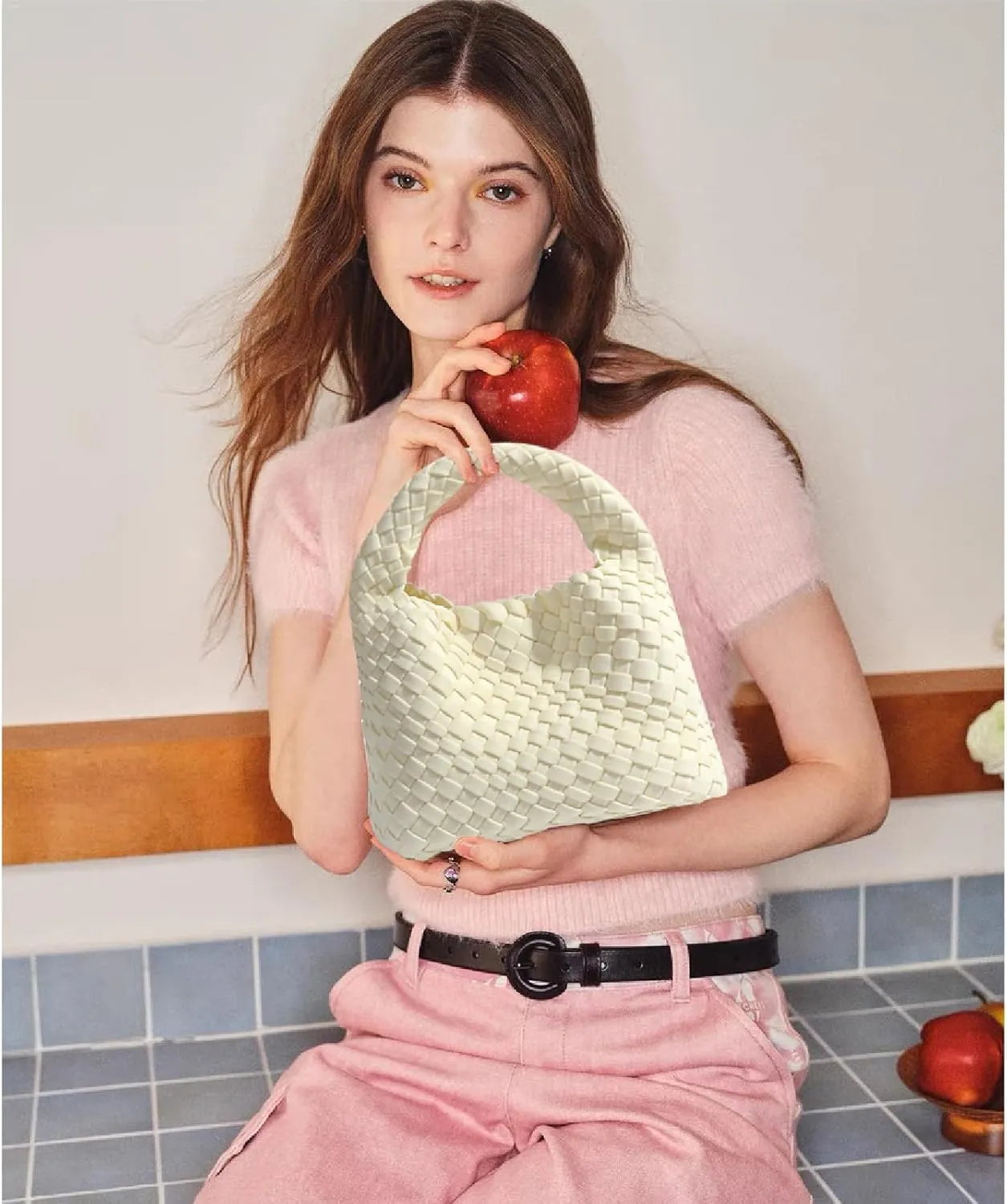 JINMANXUE Fashion Handbag for Women, Woven Tote Bucket Composite Bag, Knitting Chain Crossbody Shoulder Purse